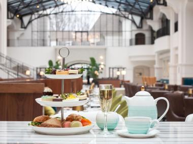 A formal tea place setting inside an upscale restaurant