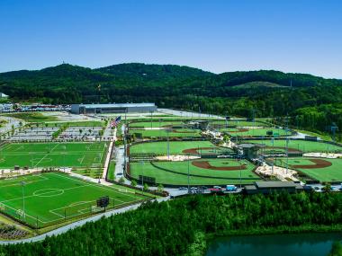 Aerial view of baseball fields at LakePoint Sports in Emerson, Georgia
