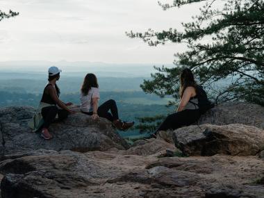 Three women hikers at Indian Seats in Cumming, Georgia