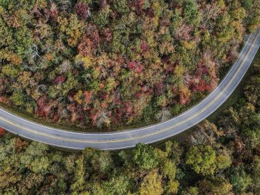 Aerial view of Hog Pen Gap on Richard B. Russell Scenic Highway in Helen, Georgia