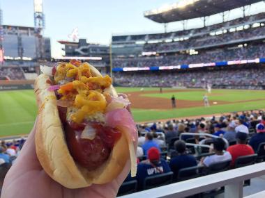 Hot dog at an Atlanta Braves game at Truist Park in Atlanta, Georgia