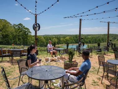 couple and dogs at an outside seating area at Montaluce Winery