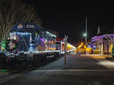 Blue Ridge Scenic Railway lit with colorful holiday lights