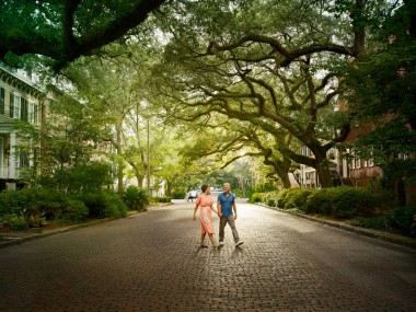 Couple walking on Jones Street in Savannah, Georgia