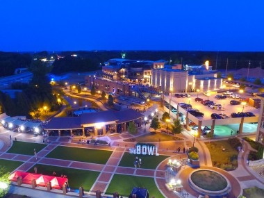 Aerial nighttime view of The Bowl in Sugar Hill, Georgia