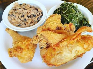 Fried chicken, black-eyed peas and collard greens at Busy Bee Cafe in Atlanta