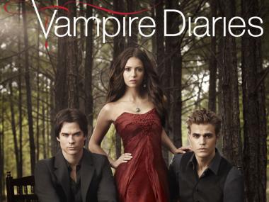 Three actors are shown in a promotion photo for the Vampire Diaries TV series.