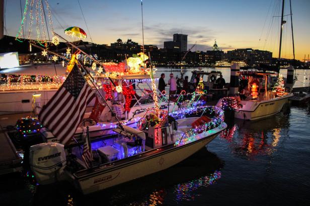 Boats decorated with holiday lights in Savannah, Georgia