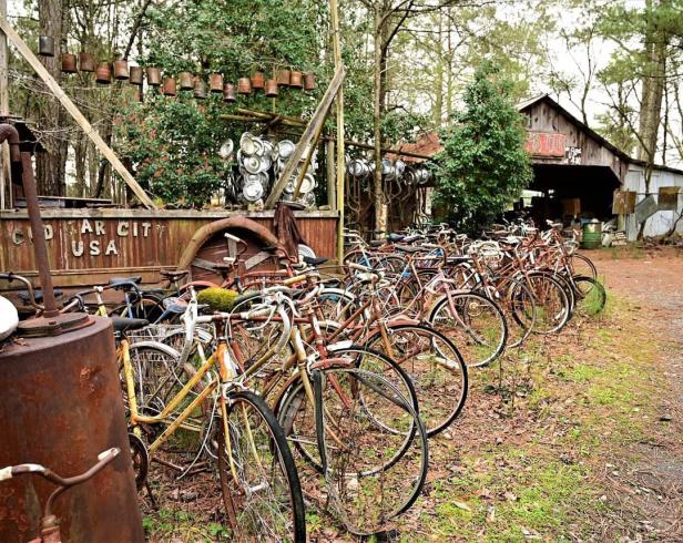 old bicycles lined up at Old Car City