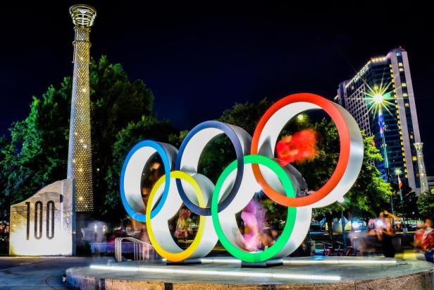 Olympic rings in Centennial Olympic Park in Atlanta. Photo by @condematt