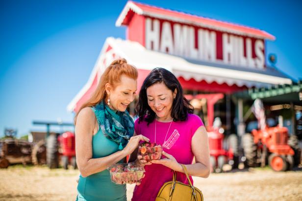 two women look at a case of strawberries outside of the red Hamilin Hills barn