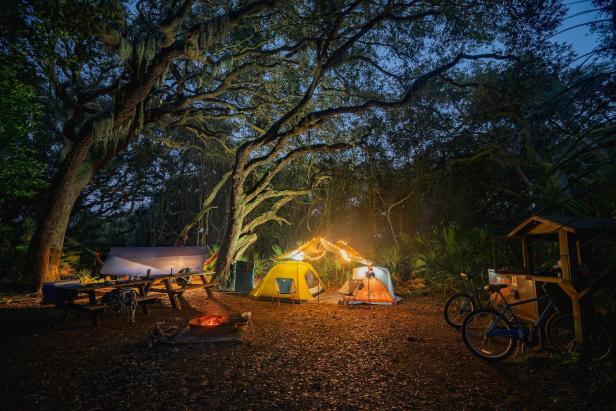 Two tents under live oaks on Cumberland Island