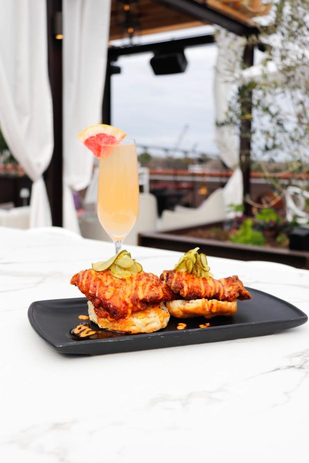 Cocktail and food at Myrtle & Rose at Plant Riverside District in Savannah, Georgia