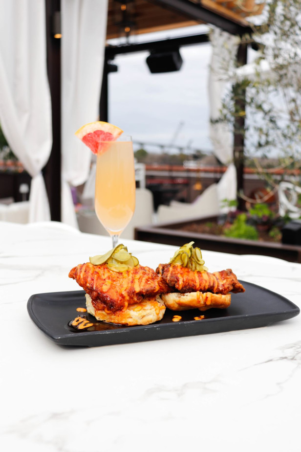 Cocktail and food at Myrtle & Rose at Plant Riverside District in Savannah, Georgia