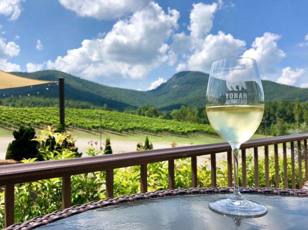 Glass of wine and mountains at Yonah Mountain Vineyards in Cleveland, Georgia. Photo by @_bellabellini_