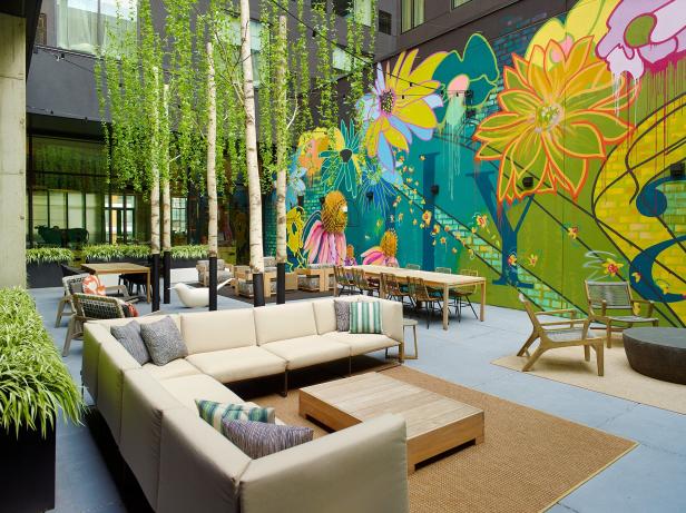 Colorful mural in the courtyard at the Bellyard hotel in Atlanta, Georgia