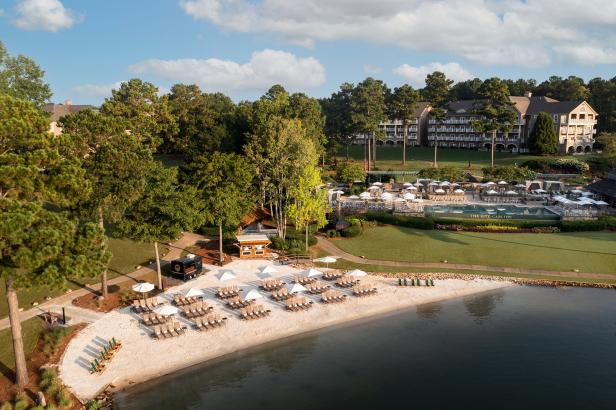 Overhead view of the beach at the Ritz-Carlton Reynolds, Lake Oconee in Greensboro, Georgia