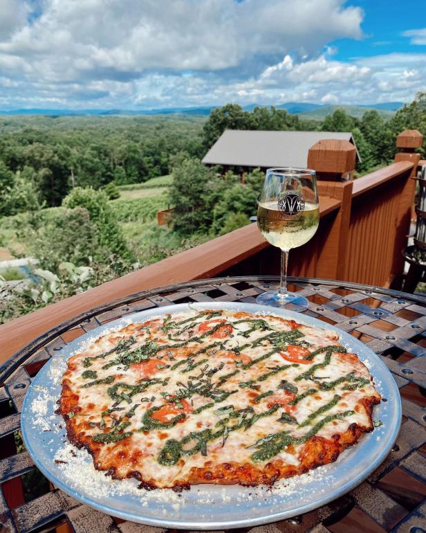 Pizza and wine at Wolf Mountain Vineyards & Winery in Dahlonega, Georgia