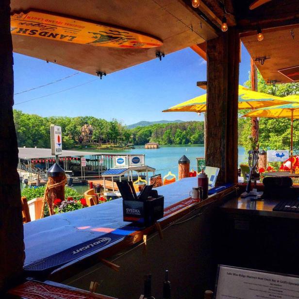 View of the lake from Boat Dock Bar & Grill at Lake Blue Ridge Marina in Blue Ridge, Georgia