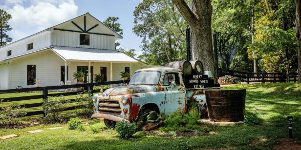 Classic light blue truck in front of Nutwood Winery in LaGrange, Georgia