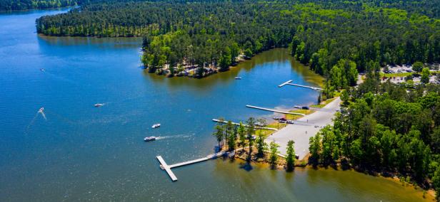 Overhead view of boat ramps at Wildwood Park in Columbia County, Georgia