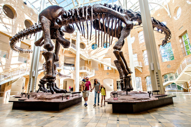 Family of four holding hands and walking underneath a large dinosaur statue at the Fernbank Museum of Natural History in Atlanta, Georgia