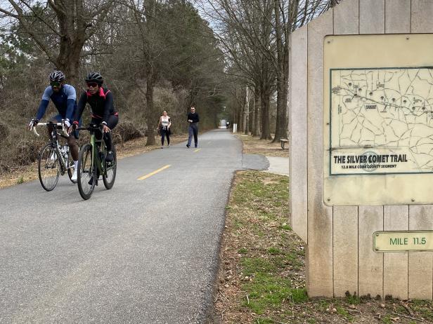 Cyclists on the Silver Comet Trail in Powder Springs, Georgia