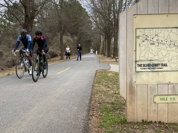 Cyclists on the Silver Comet Trail in Powder Springs, Georgia
