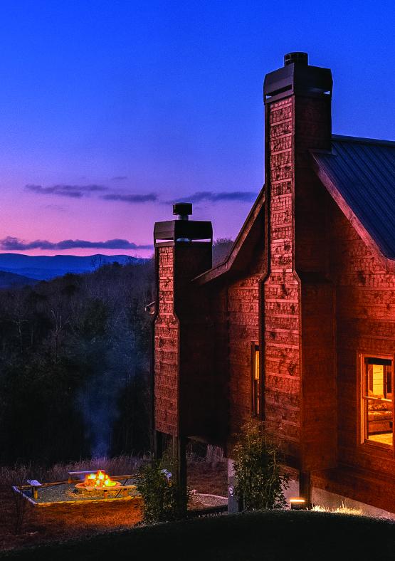 Exterior side of a cabin at sunrise in Blue Ridge, Georgia.