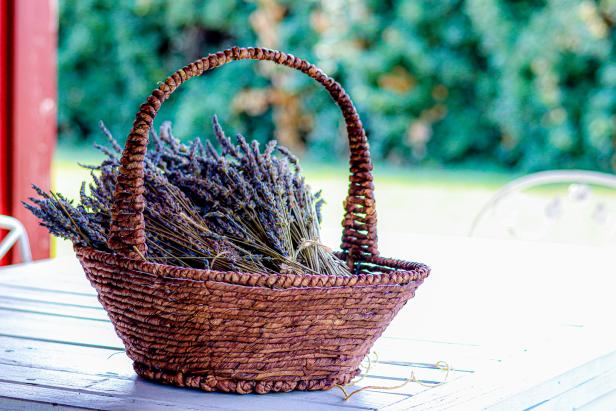 Lavender basket sitting on a table at the White Hills Farm in Dearing, Georgia.