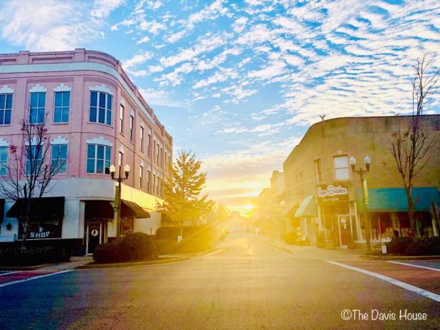 Sunny photo of the exterior of a pink two-story building and a boutique across the street. Buildings located in downtown Vidalia, Georgia. Photo by The Davis House.