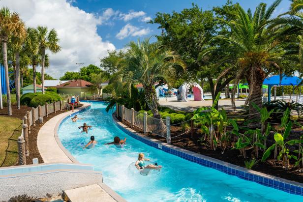 People floating on tubes in a lazy river