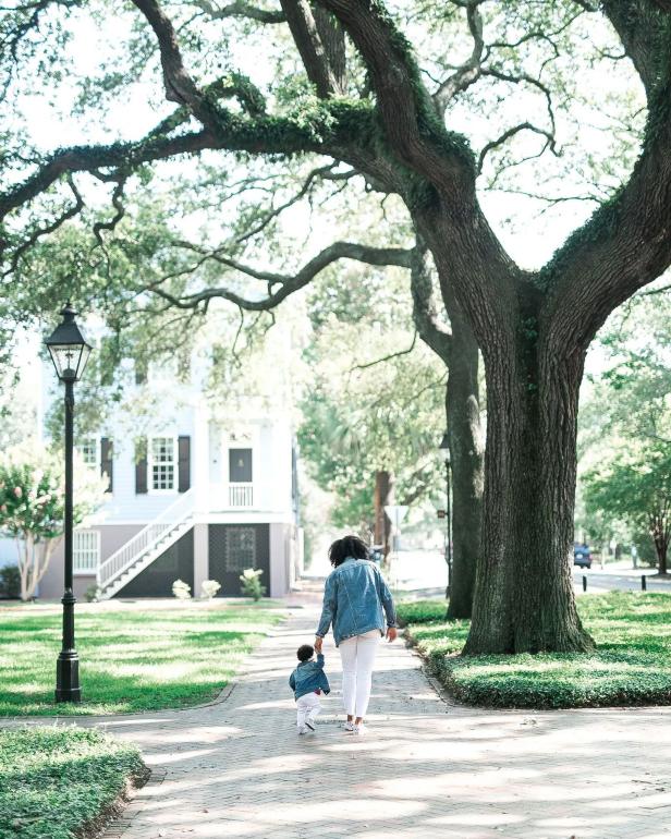 Woman and child walking in Savannah, Georgia