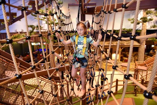 A young girl scales a ropes course in a hellow yarness