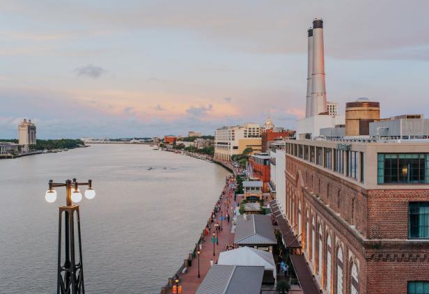 Overhead view of River Street in Savannah, Georgia