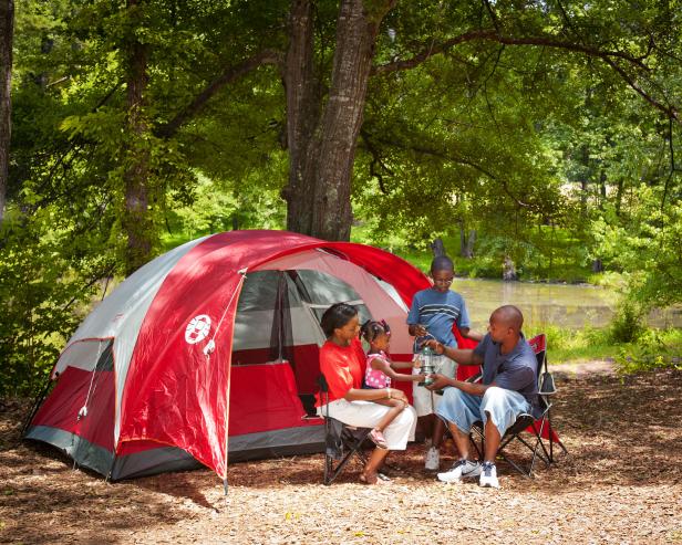 Family camping at Panola Mountain State Park in Stockbridge, Georgia