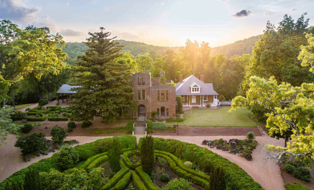 Bird's eye view of the Manor Ruins and gardens at Barnsley Resort