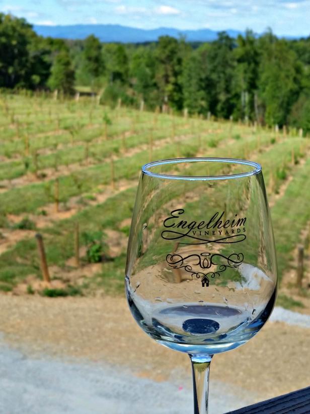Wine glass with vineyard in the background at Engelheim Vineyards