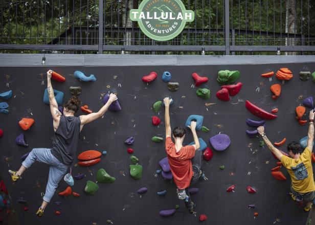 Three people climbing a rock wall with coloful hand and foot holds
