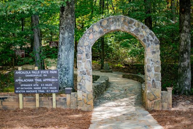 Arched entry to the Appalachian Trail approach trail in Dawsonville, Georgia