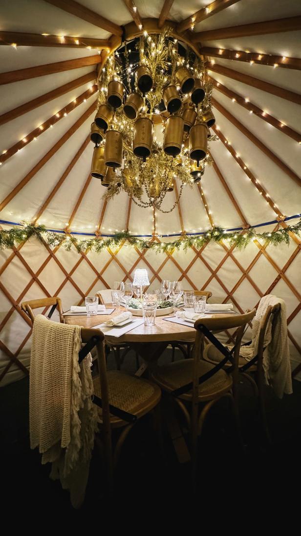 Interior of a yurt at Table and Main in Roswell, Georgia
