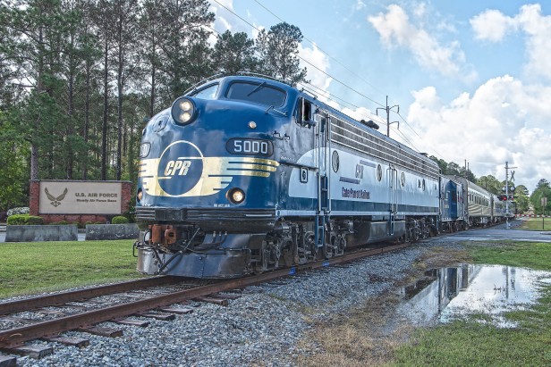 The Azalea Sprinter train on the tracks near Moody Air Force Base near Valdosta, Georgia