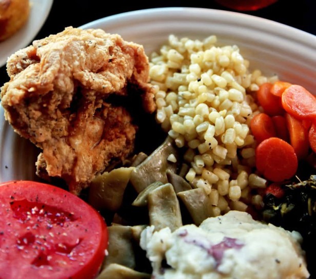 Fried chicken and vegetables at Bulloch House in Warm Springs, Georgia
