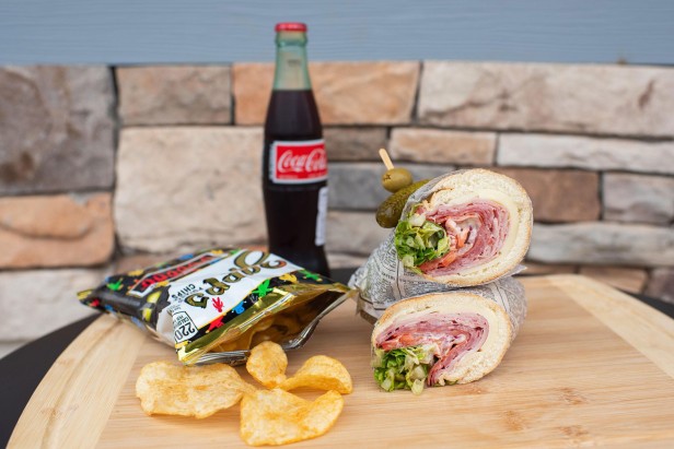 Maestro sandwich, chips, and soda at Roundabout Deli in Dahlonega, Georgia