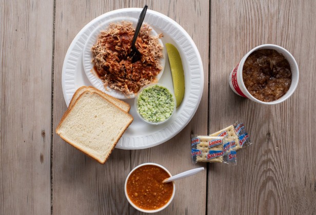 Pulled pork and sides at Fresh Air Barbecue in Jackson, Georgia
