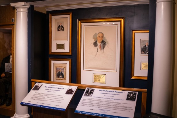 The unfinished portrait of FDR on display at the Little White House in Warm Springs, Georgia