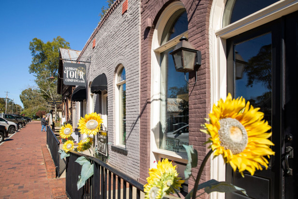 Yellow sunflowers in front of the Georgia Tour Company in Senoia, Georgia
