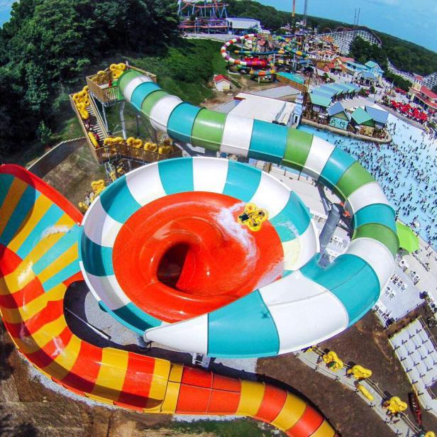 Overhead view of water rides at Six Flags Over Georgia in Atlanta, Georgia