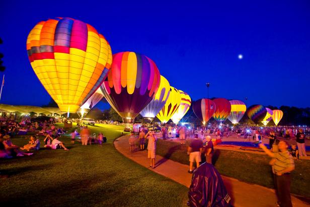 Hot air balloons glowing at night at Callaway Resort & Gardens in Pine Mountain, Georgia