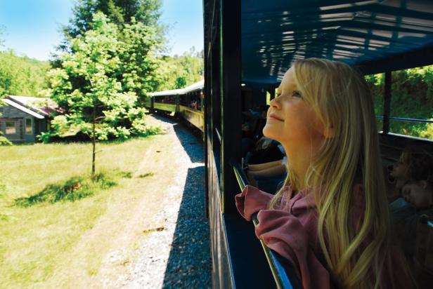 Child looking out the window on the Blue Ridge Scenic Railway in Blue Ridge, Georgia